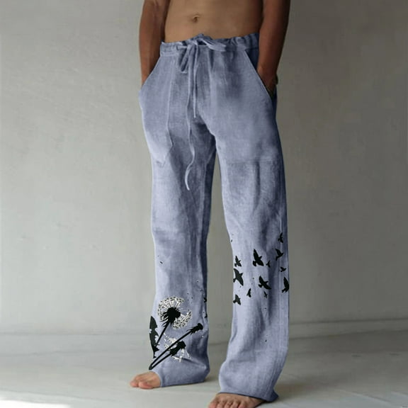 Sakmal Full Mens Pants Blue Khakis Graphic Cotton Drawstring Linen Mens Trousers
