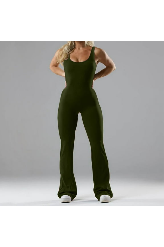 Full Womens Pants Green Solid Workout Jumpsuit Trousers for Ladies