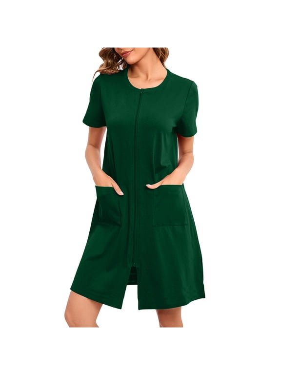 Full Zip Moomoo Night dress for Women Knee Length Lightweight Green Sleepshirt Solid Short Sleeve Nightgowns with Pockets