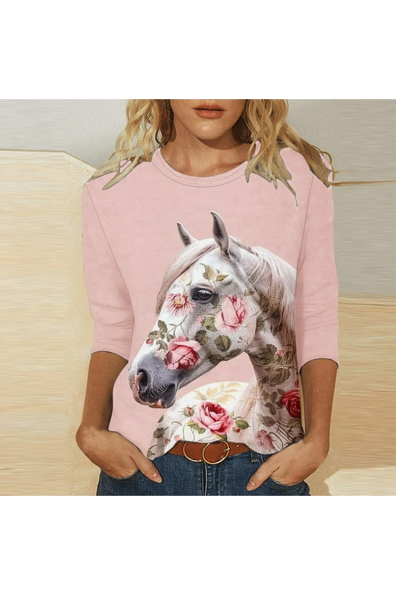Funny Blouses for Women Dressy Casual 3/4 Sleeve Animal Print Crew Neck Horse Shirts Pink Blouses Summer Tops for Women