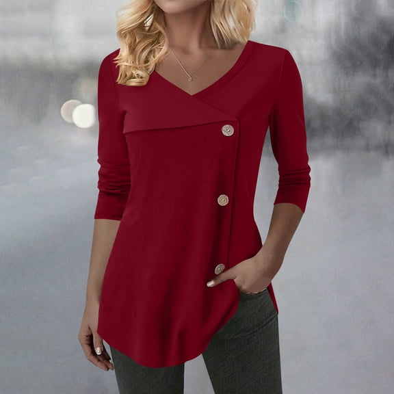 Sakmal Garnet Women's Tops Tunic Work Shirts Long Sleeve Solid V Neck Blouses for Women