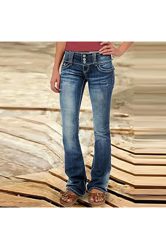 Girlfriend Pants Women Denim Plus Size Bootcut Jean Long Mid Rise Blue Solid Pants with Pockets