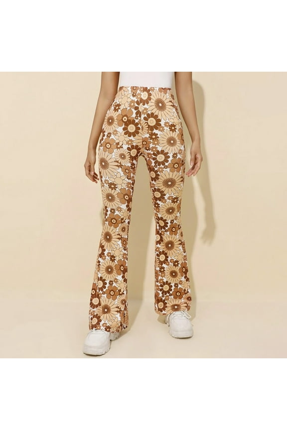 Girlfriend Pants Women Trendy Streetwear Plus Size Flare Leg Floral High Waisted Full Length Brown Pants