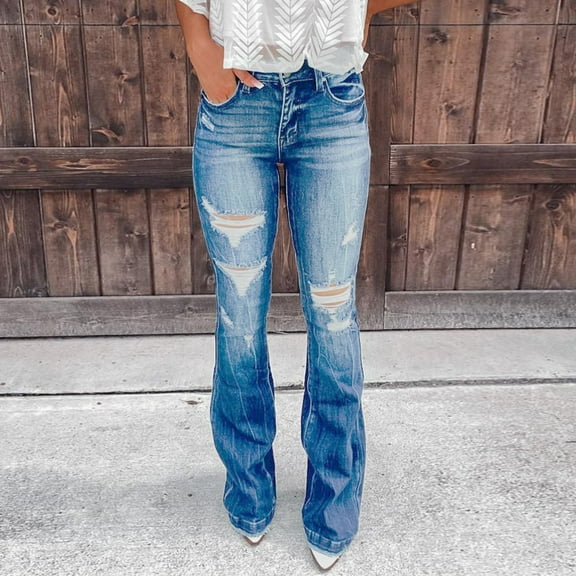 Sakmal Girlfriend Women's Pants Ripped Denim Bootcut Jean High Waisted Blue Full Length Dark Wash Pants with Pockets