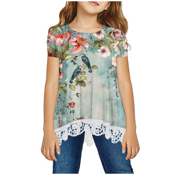 Sakmal Girls Clothes for Kids Short Sleeve 7-8y Crew Neck Lace Floral T-Shirts Childrens Tops