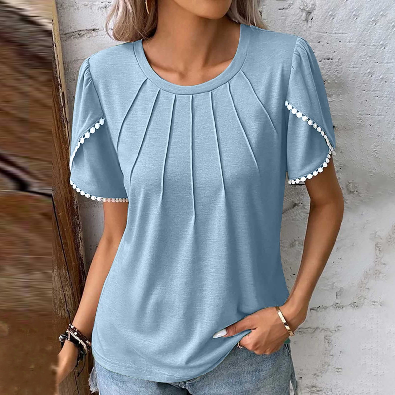 Sakmal Going Out Tops for Women Blue Short Sleeve Solid Flowy Crew Neck ...