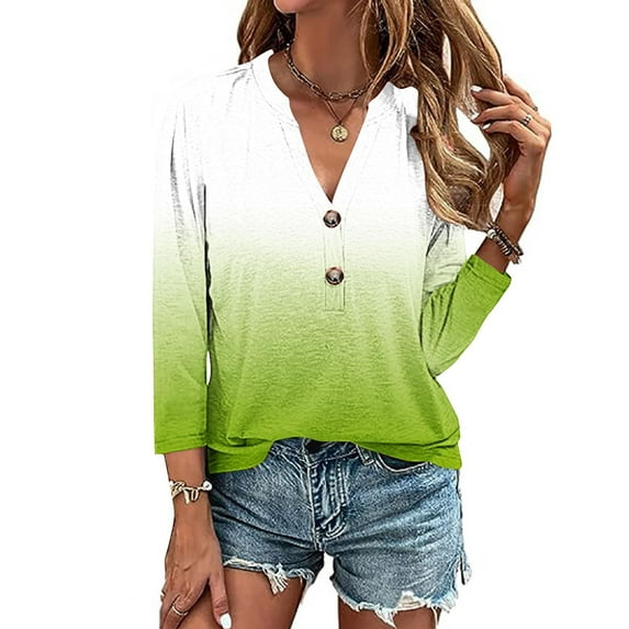 Sakmal 3/4 Sleeve T-Shirts V-Neck Button Gradient Relaxed Fit Tops Casual Summer T-Shirts Going Out Tops