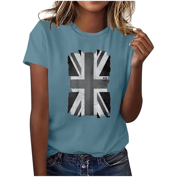 Sakmal Graphic Funny T Shirts Union Jack Crew Neck Short Sleeve Tops Casual T-Shirts Spring Tops for Women