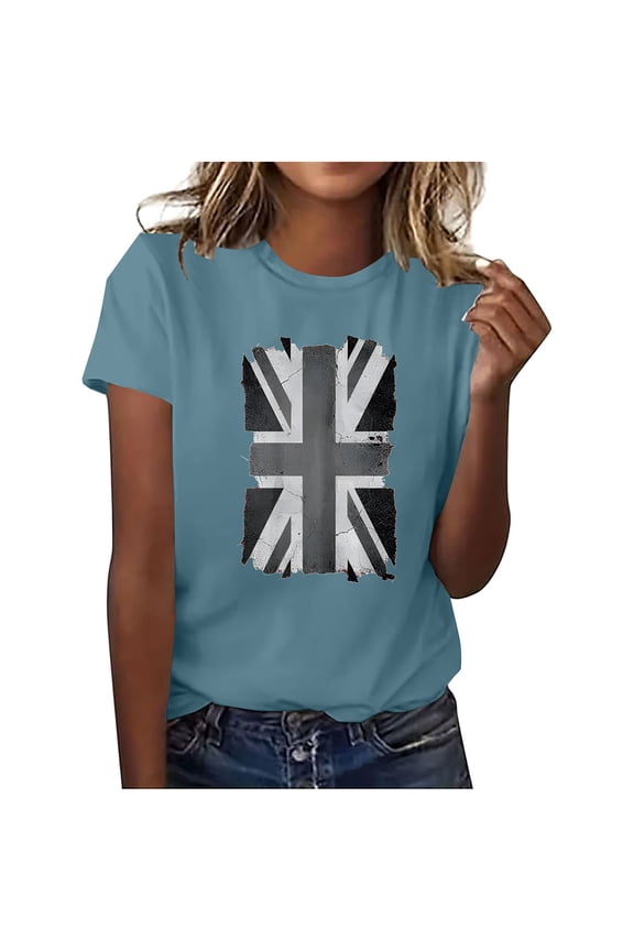 Graphic Funny T Shirts Union Jack Crew Neck Short Sleeve Tops Casual T-Shirts Spring Tops for Women