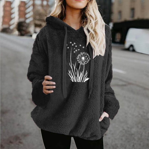 Sakmal Graphic Hooded Sweatshirts Women Black Fleece Drawstring Sweatshirts Comfy Hoodies with Pockets