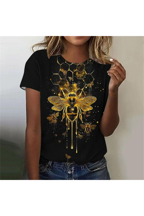 Graphic Shirts for Women Bee Crew Neck Cute Short Sleeve Shirts T-Shirts Womens Blouses Dressy Casual