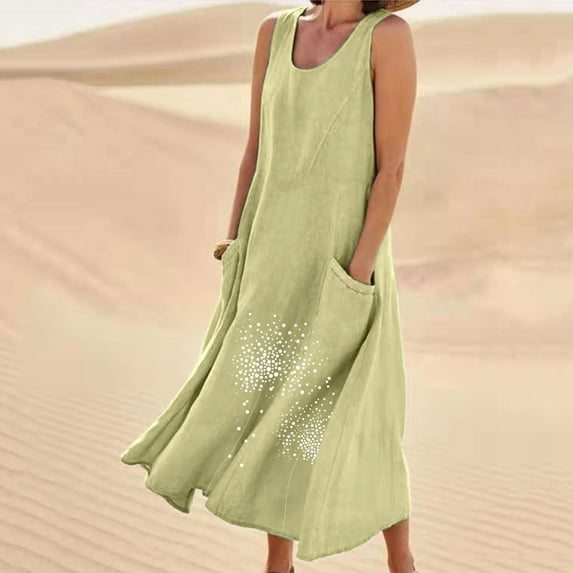 Sakmal Graphic Summer Dresses Loose Fit with Pocket Green Sleeveless Comfort Fit Maxi Slip Dress