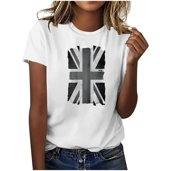 Sakmal Graphic Women's T Shirts Union Jack Short Sleeve Crew Neck Tops White Casual T-Shirts Spring Tops for Women 2025