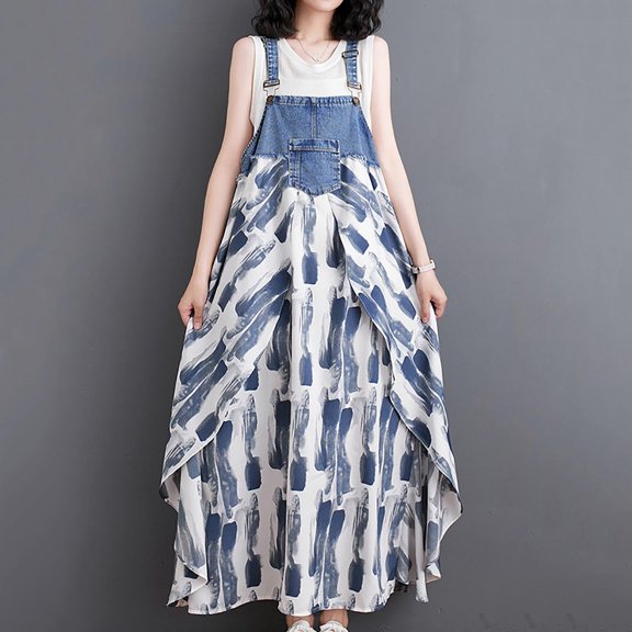 Sakmal Graphic Womens Dresses Summer Patchwork Denim White Comfort Fit Sleeveless Maxi Sundress