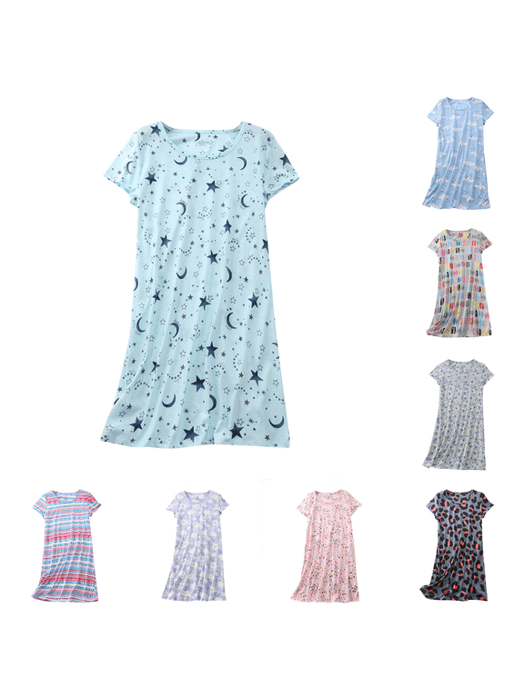 Gray Cotton Nightgowns for Women Cotton Stretchy Soft Mumu Dress Short Sleeve Graphic Short Crew Neck Nightgowns S-XL