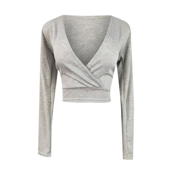 Sakmal Gray Casual Tops for Women Long Sleeve Solid Cropped V-Neck T-Shirts Womens Shirts Under $5