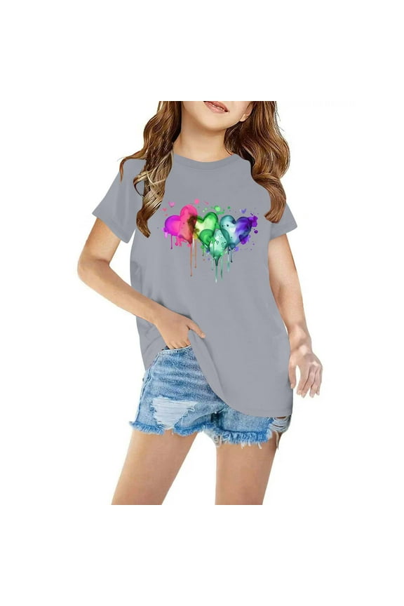 Gray Kids Clothes Cotton Crew Neck Floral 3-7y Short Sleeve Daily Life Childrens Tops On Sale