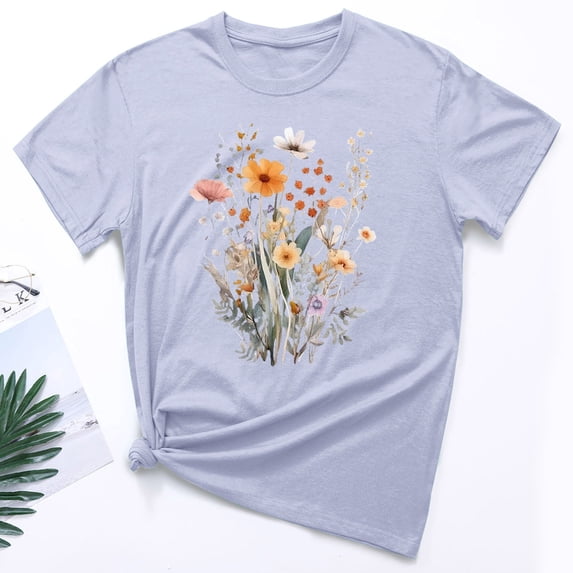 Sakmal Gray Ladies Tops Plus Size Short Sleeve Graphic Crew Neck Flower T-Shirts Womens Shirts Plus Size