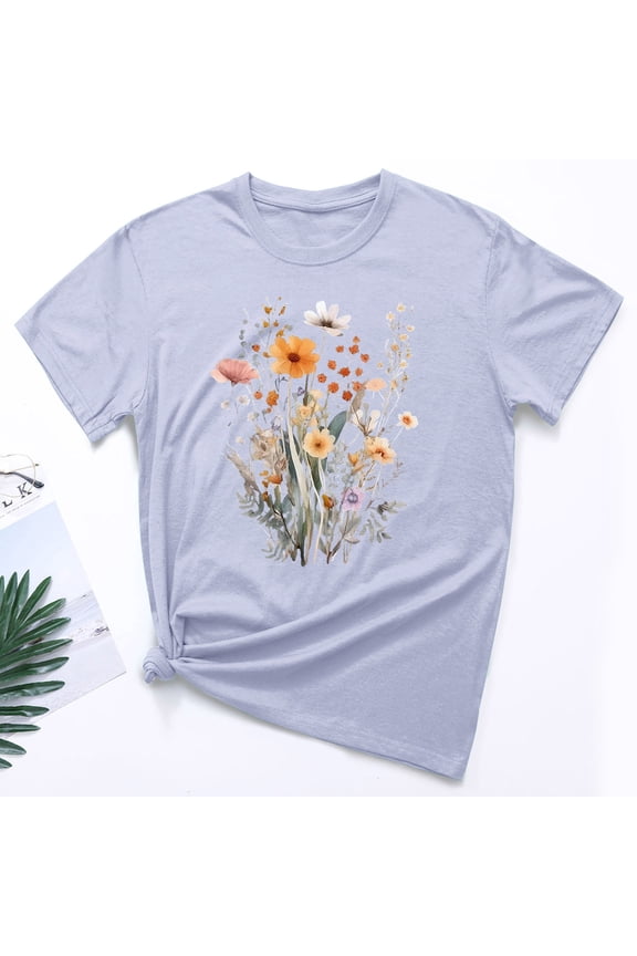 Gray Ladies Tops Plus Size Short Sleeve Graphic Crew Neck Flower T-Shirts Womens Shirts Plus Size
