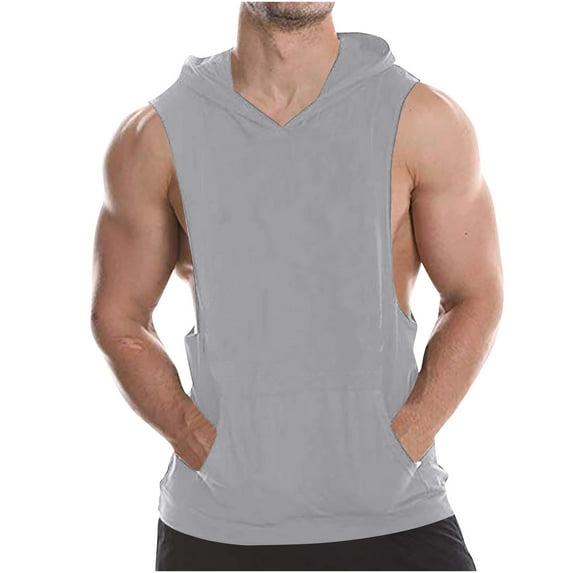 Sakmal Gray Men'S Tank Tops Hooded Gray with Pockets Breathable Camisole Solid Workout Sleeveless Shirts for Men