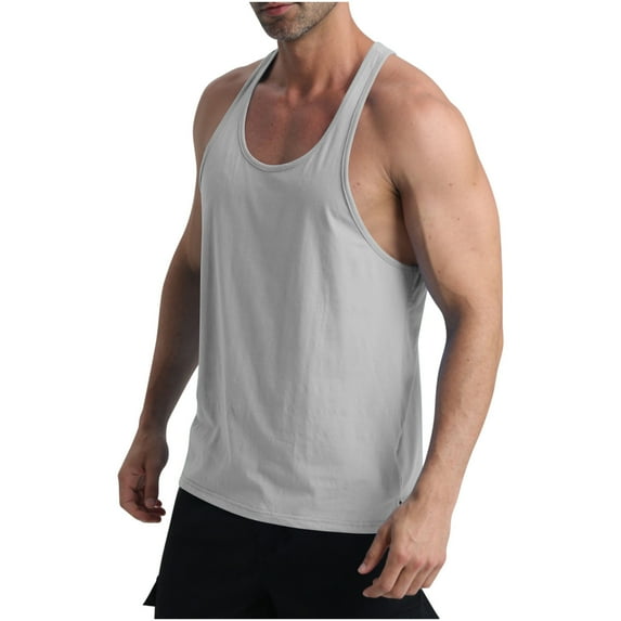 Sakmal Gray Mens Tank Tops Scoop Neck Gray Camisole Stringer Muscle Solid Workout Tunic Tops