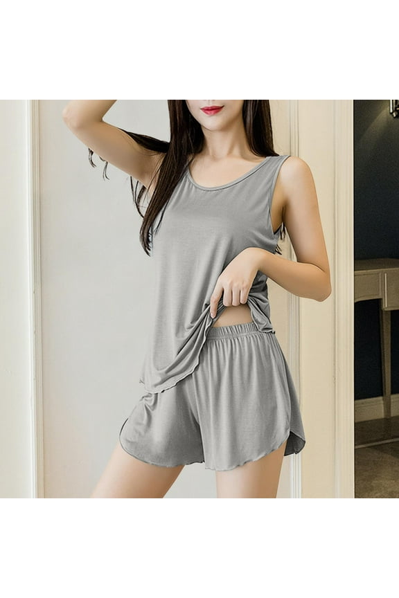 Gray Pajama Set for Women Plus Size Shorts and Tank Sleeveless Lounge Set Crew Neck Solid Pjs Sets for Women