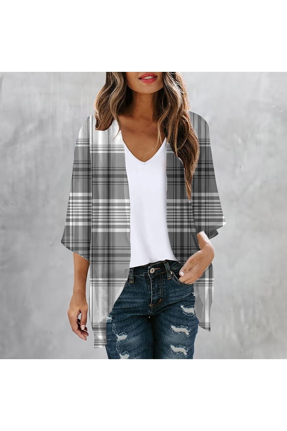 Gray Spring Coats for Women Cover-Up Elbow-Length Lightweight Cardigan Flowy Comfy Plaid Chiffon Womens Jackets Plus Size