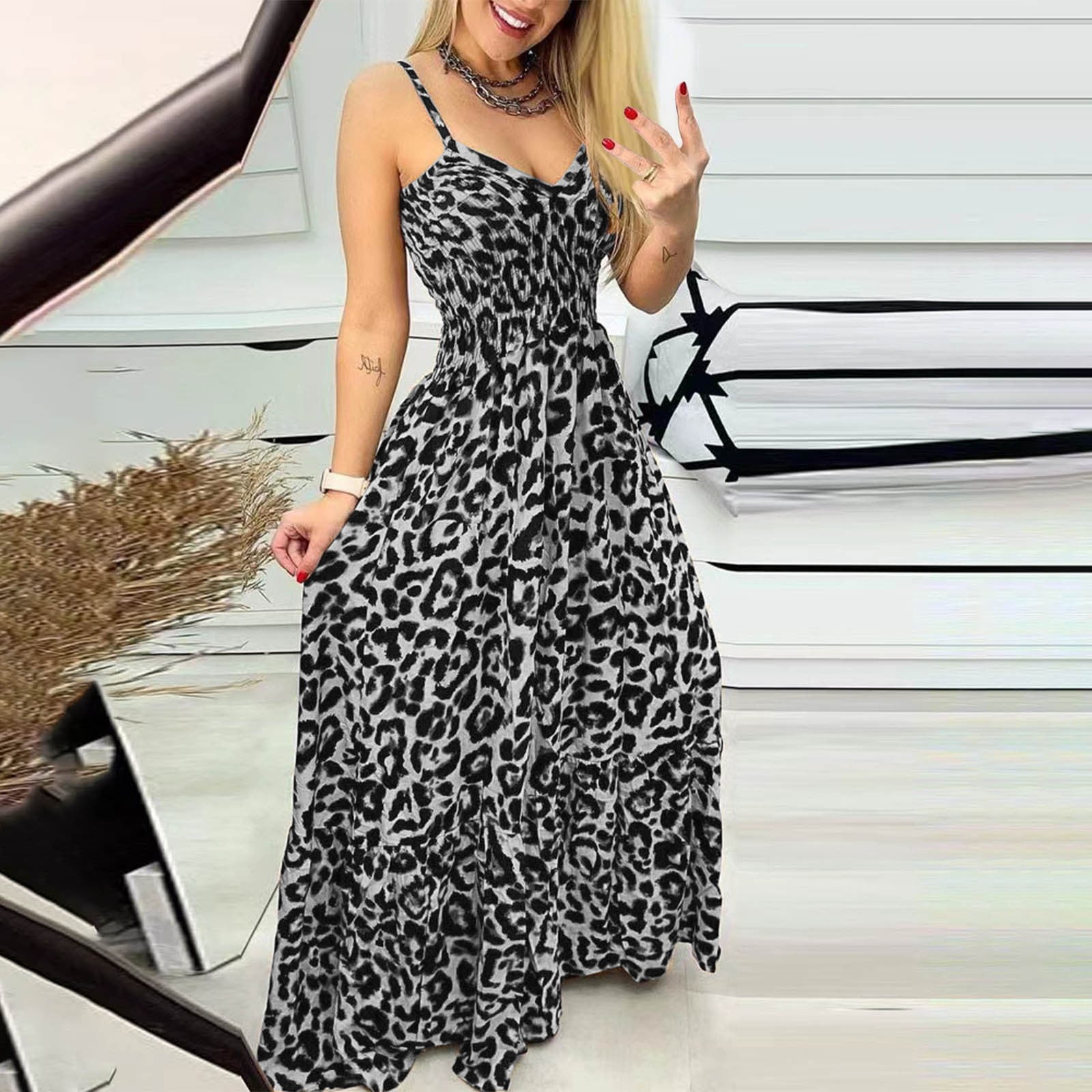 Gown A Line Leopard Print Dress Double Crazy Spaghetti Strap