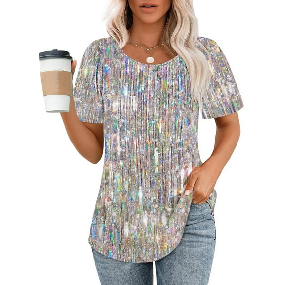 Sakmal Gray Summer Tops for Women Short Sleeve V-Neck Glitter Pleated Tunic Ladies T-Shirts and Blouses