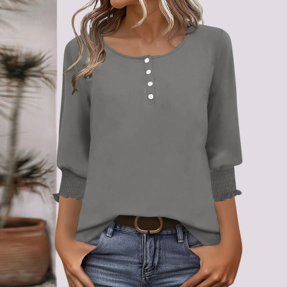 Sakmal Gray Women Shirts Button Down Dressy Casual Shirts 3/4 Sleeve Plain Henley Tops for Women