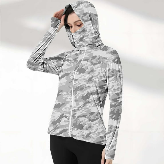 Sakmal Gray Womens Jackets Sun Protection Outerwear Track Jacket with Pockets Camo Cropped Tops for Women