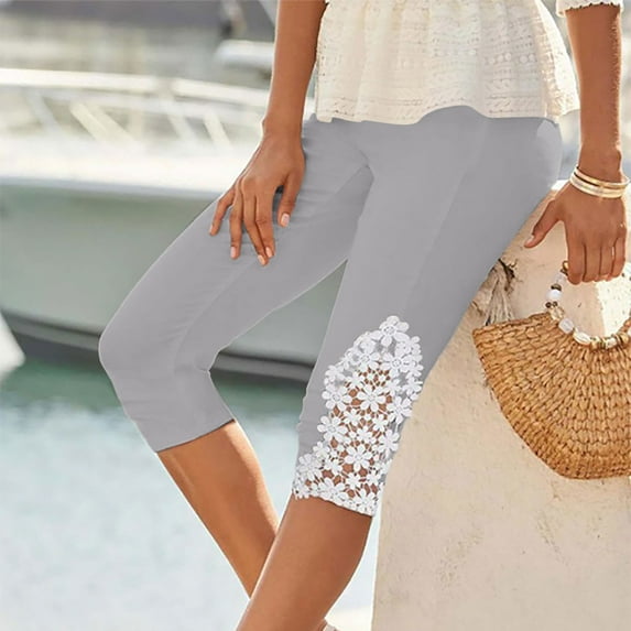 Sakmal Gray Womens Leggings Compression High Waisted Sexy Buttery Soft Yoga Pants 7/8th Lace Patchwork Workout Leggings