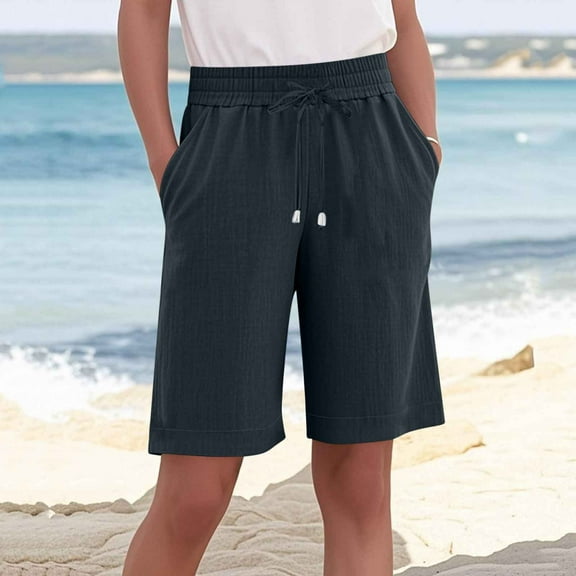 Sakmal Gray Womens Shorts Cotton Linen Plus Size Bermuda 9" High Waisted Solid Shorts with Pockets