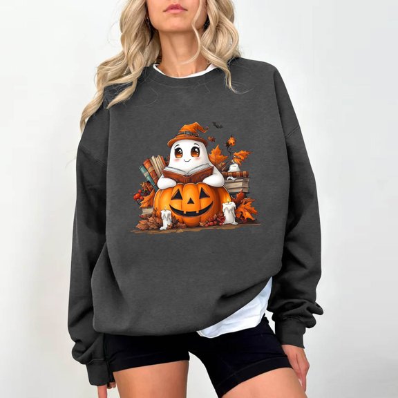 Sakmal Gray Womens Sweatshirts Cute Graphic Halloween Lightweight Sweatshirts Comfy Long Sleeve Shirts