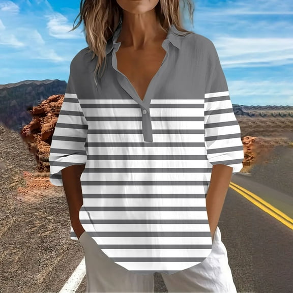 Sakmal Gray Womens Tops Work Plus Size Button Down Shirts Long Sleeve Striped Collared Shirts for Women
