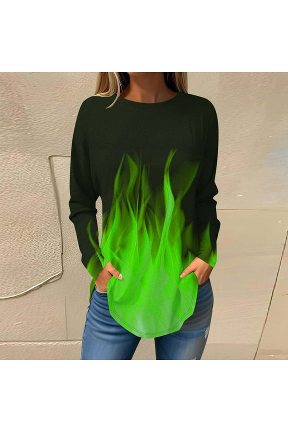 Green Casual Tops for Women Long Sleeve Flame Crew Neck Graphic Tunic T Shirts for Women