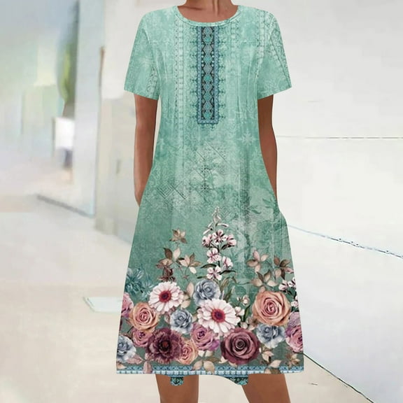 Sakmal Green Dresses for Women 2024 Casual Spring Mid-Length Crew Neck Floral Short Sleeve Basic Shift Dress