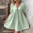 thumbnail image 1 of Sakmal Green Dresses for Women 2024 Casual Spring Mini V-Neck Cotton and Linen Solid Short Sleeve Pleated A-Line Dress, 1 of 6