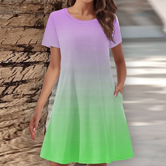 Sakmal Green Dresses for Women 2024 Mid-Length Crew Neck Gradient Loose Fit with Pocket Short Sleeve Basic Shift Dress