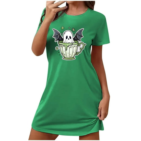Sakmal Green Moomoo Nightgowns for Women Plus Size Halloween Cute Short Mumu Dress Ghost Print Short Sleeve Nightgowns for Women
