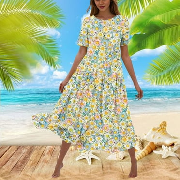 Sakmal Green Summer Dresses for Women Clearance Under $10 Crew Neck Long Short Sleeve Flowy Floral Loose Fit A-Line Dress