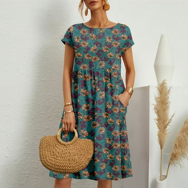 Sakmal Green Summer Dresses for Women Crew Neck Mid-Length Short Sleeve Loose Fit Basic Floral Shift Dress