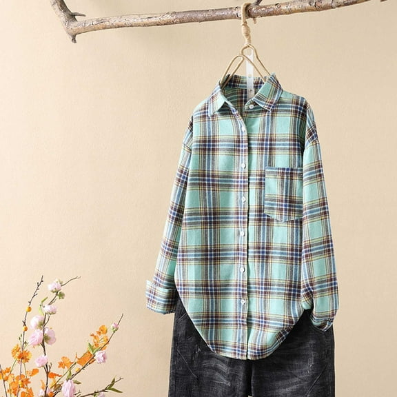 Sakmal Green Women Shirts Dressy Casual Tunic Button Down Shirts Plaid Collared Long Sleeve Blouses for Women