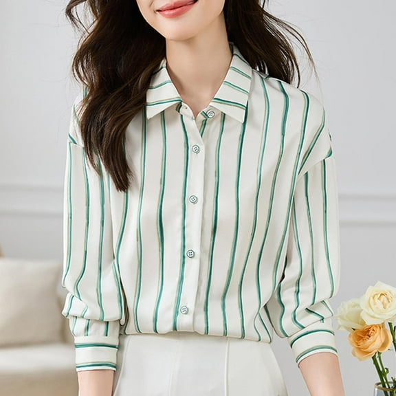 Sakmal Green Womens Blouses Dressy Casual Button Down Shirts Long Sleeve Striped Collared Shirts for Women