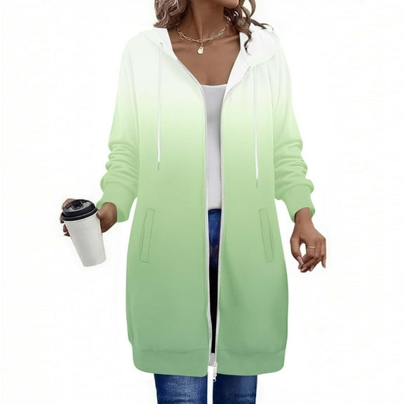 Sakmal Green Womens Hooded Sweatshirts Zip Up Drawstring Long Tops Fashion Gradient Hoodies with Pockets
