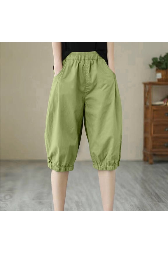 Green Womens Pants Scrub Pants Cropped Solid Pleated with Pockets Ladies Pants Plus Size