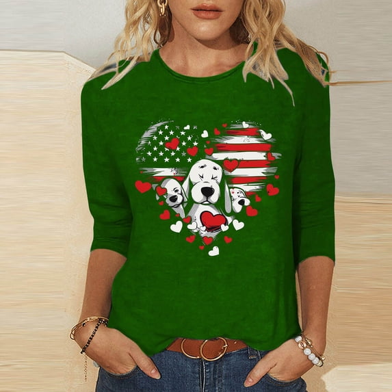 Sakmal 3/4 Sleeve Womens Tops Green Independence Day Graphic Crew Neck T-Shirts Ladies Shirts