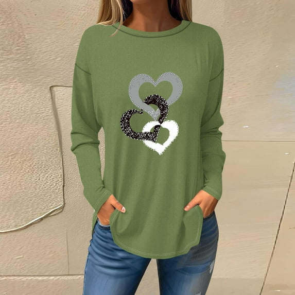 Sakmal Green Womens Summer Tops Long Sleeve Crew Neck Love Heart Tunic Womens Shirts