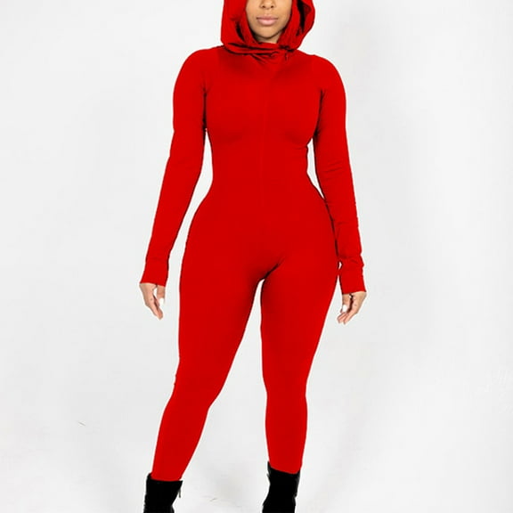 Sakmal Gym Jumpsuits for Women Casual Slim Leg Stretchy Athletic Solid Overalls Long Sleeveless Hooded Red Pants for Women