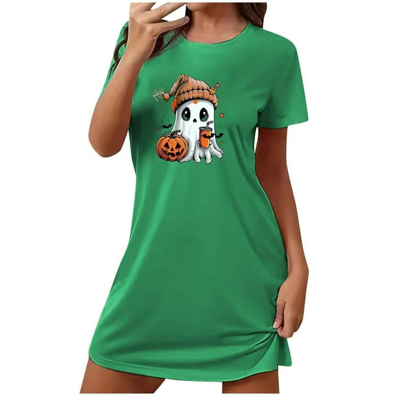 Sakmal Halloween Moomoo Nightgowns Women Green Stretchy Ultra-Soft Loose Night dress Crew Neck Ghost Print Short Short Sleeve Nightgowns S-2XL
